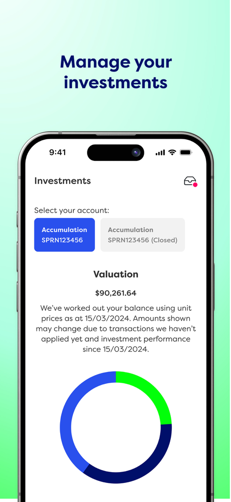 CareSuper - CareSuper mobile app screen showing investment account valuation and asset distribution chart