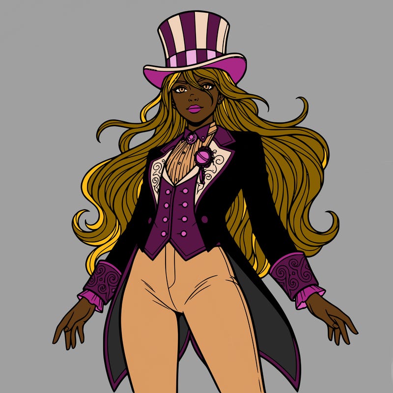 a girl with a top hat and long hair wearing a ringmaster outfit