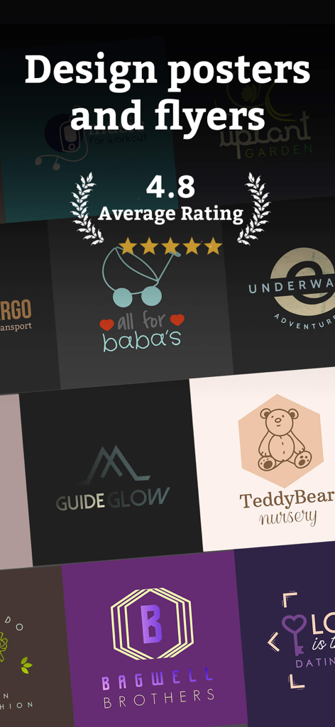 Logo Maker: Art Design Creator - A showcase of professional logo and flyer templates with a 4.8 average rating for business owners.