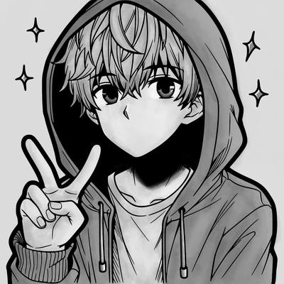 teenage manga boy in a hoodie, doing ✌