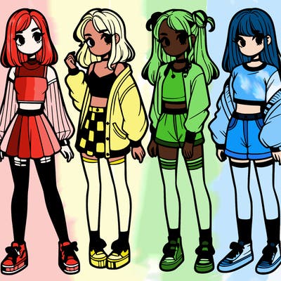 one girl with crop-top shirt and a jacket with a skirt, long socks and another girl with a shirt and pants with a jacket