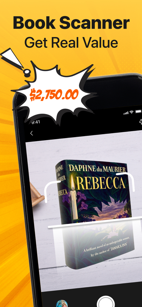 Mobile app scanning a book cover to show a market value of 2750 dollars
