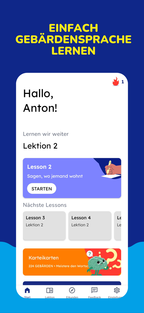 Panel personalizado de la aplicación anysign que muestra el progreso de una lección de lengua de señas para un usuario llamado Anton