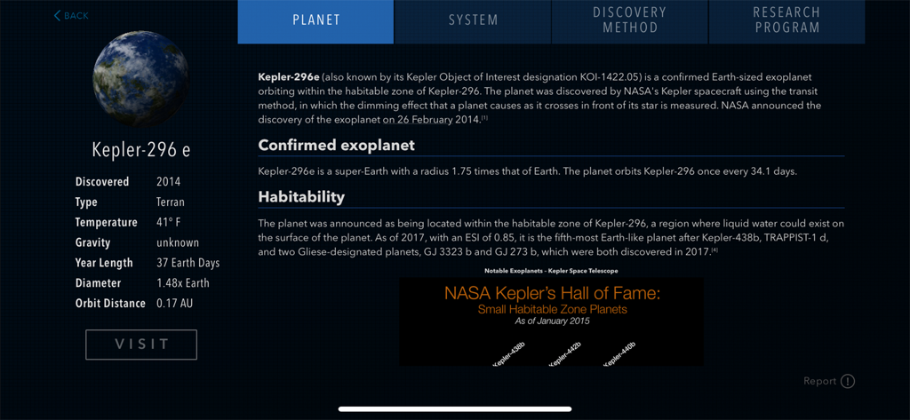 A detailed data panel for the exoplanet Kepler-296 e in the Cosmic Atlas app showing scientific specifications and habitability information.