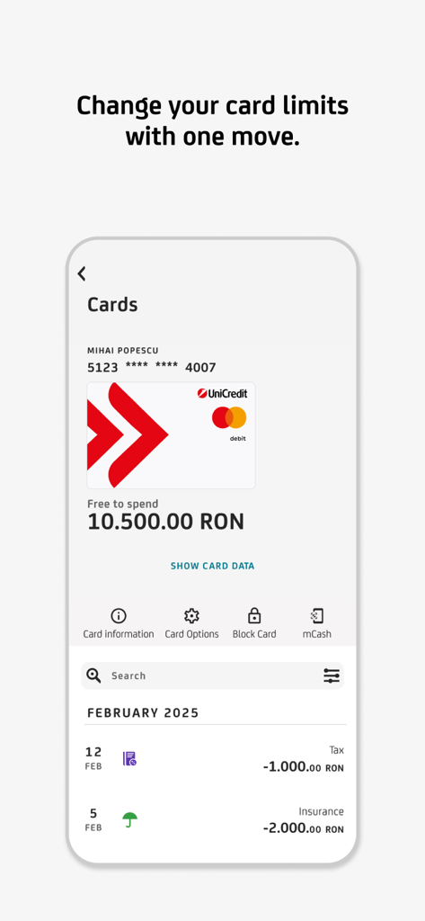 Screenshot der UniCredit RO Mobile Banking App mit Kartendetails und Verwaltungsoptionen wie Änderung von Limits oder Sperrung einer Karte