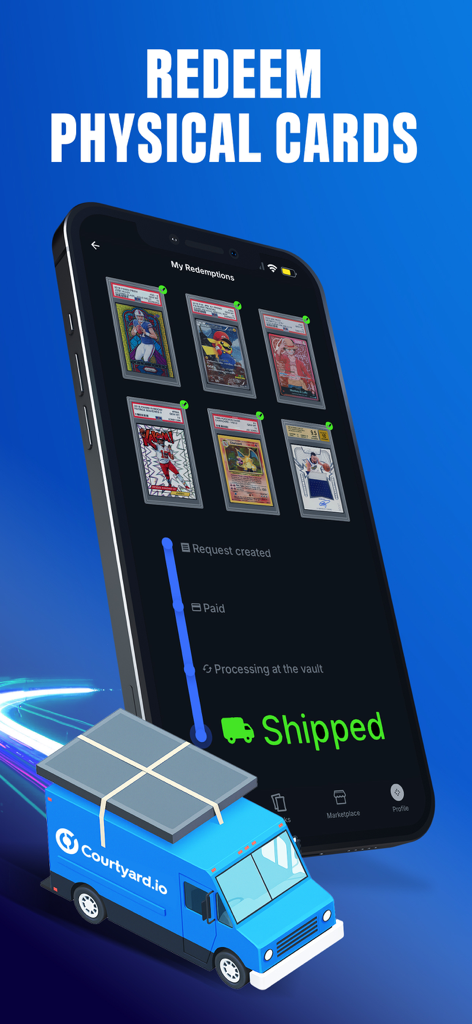 Courtyard app screen showing the redemption and shipping status of physical trading cards from the vault.