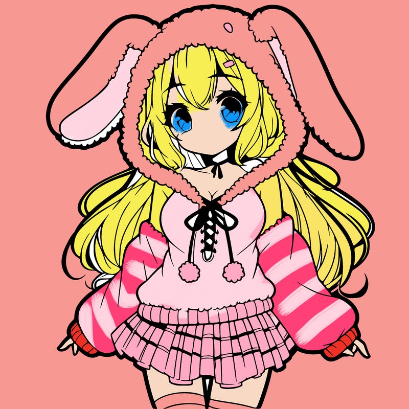 pretty anime girl wearing a fluffy hoodie with bunny ears on the hood and a skirt