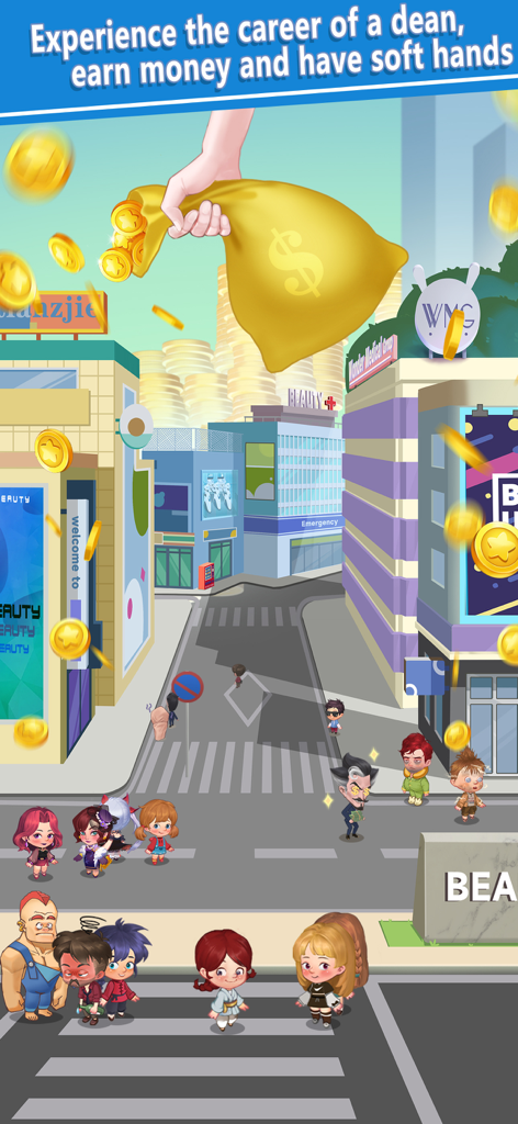 A giant hand holding a money bag over a cartoon city street with falling coins in Hospital Tycoon.
