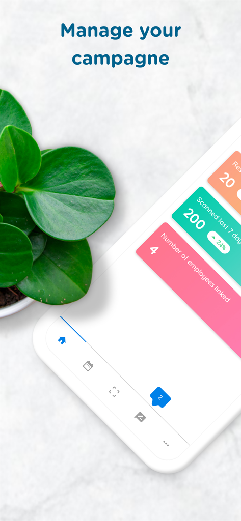 Social Deal Partner app screen showing business campaign statistics and linked employees on a smartphone
