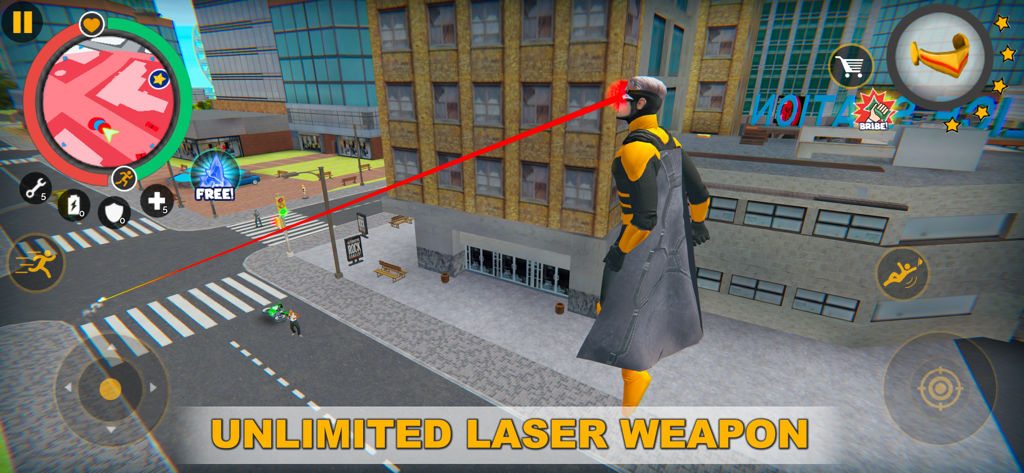 Naxeex Superhero - Un personaje de superhéroe usando visión de rayos oculares en una ciudad de mundo abierto