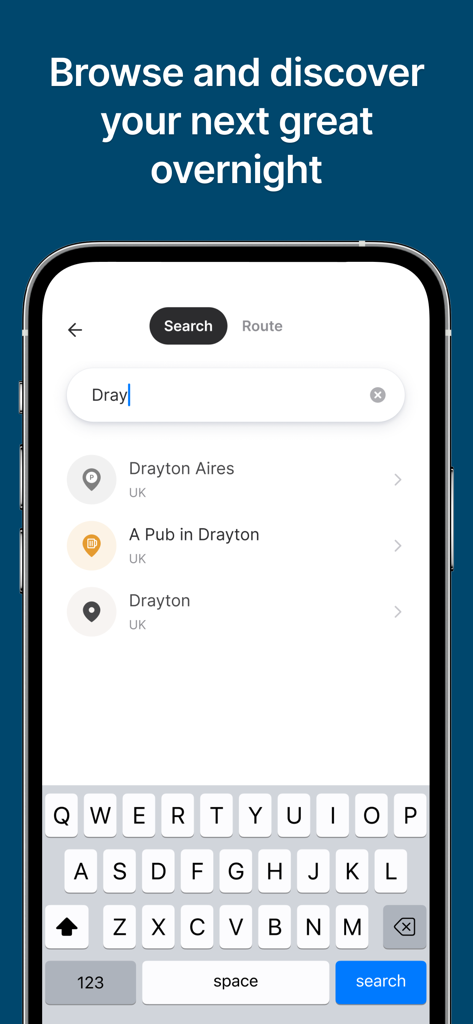 Brit Stops - Brit Stops app search results for motorhome overnight stays in the UK