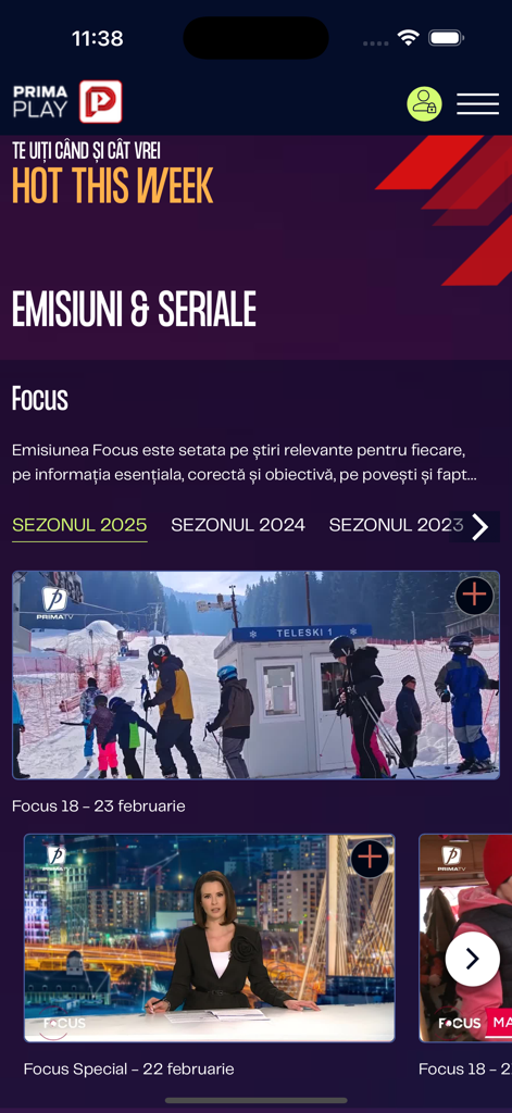 Prima Play - Interface of the Prima Play app featuring Romanian news program Focus and various streaming shows.