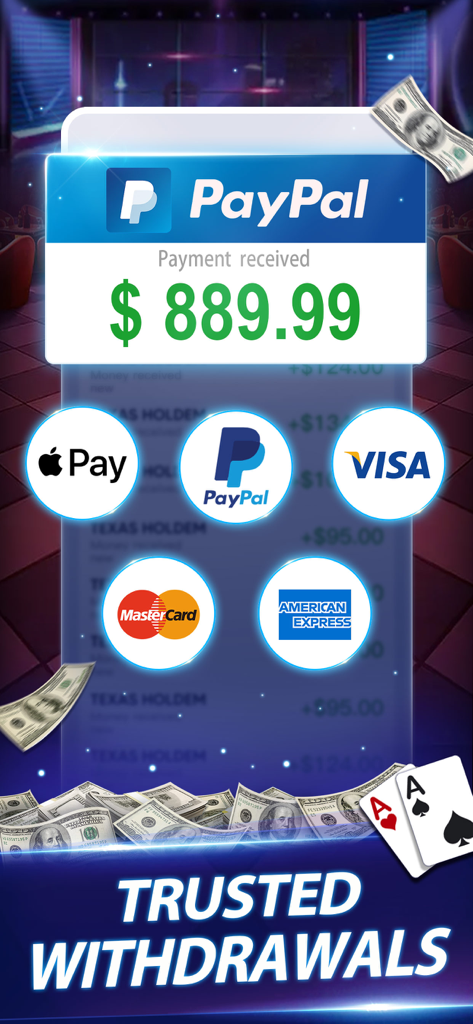 Texas Cash - Win Real Money - PayPal payment confirmation screen for Texas Cash showing trusted withdrawal options including Apple Pay, Visa, and Mastercard.