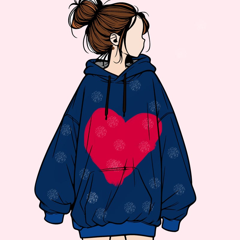 realistic girl with a oversized sweatshirt on and a bun