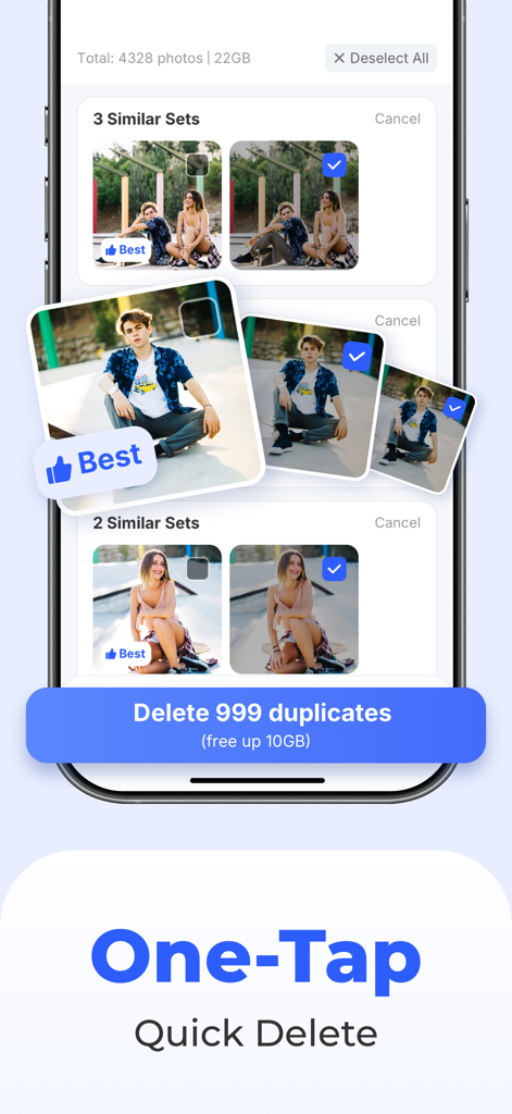 CleanerMate-Storage Ai cleaner - CleanerMate app interface showing the AI identification of similar photos and a one-tap button to delete duplicates and free up storage.