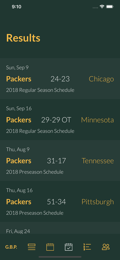 Go Sports News - Interfaz de la aplicación Go Sports News mostrando los resultados recientes del juego para los Packers