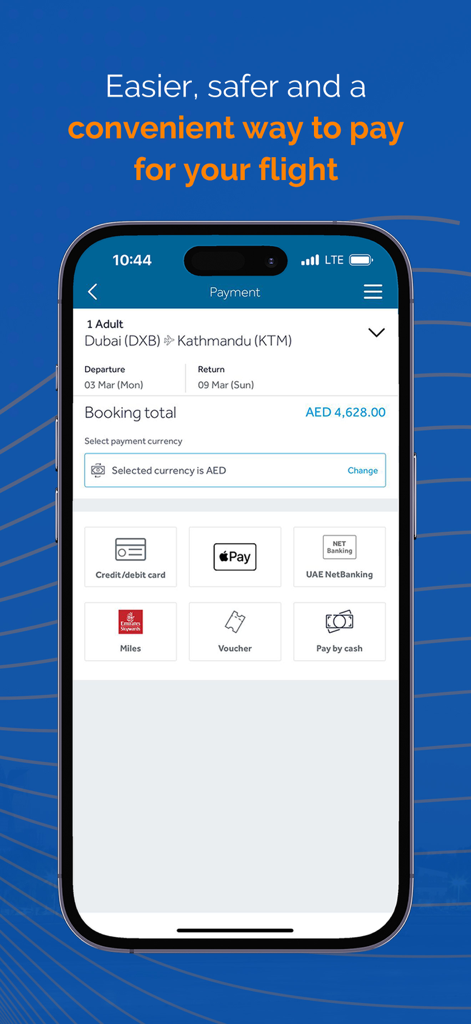 The payment checkout screen of the flydubai mobile app with multiple payment methods like Apple Pay and credit card