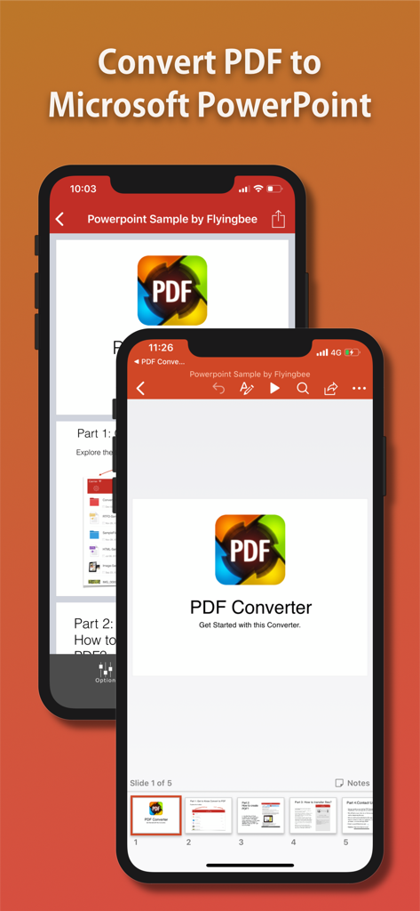 PDF Converter - Flyingbee - Oberfläche der Flyingbee-App, die eine PDF-Datei auf dem iPhone in eine PowerPoint-Präsentation konvertiert