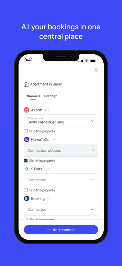 Smoobu | Vacation Rental App - Smoobu app screen displaying integrated booking channels like Airbnb and Booking.com.
