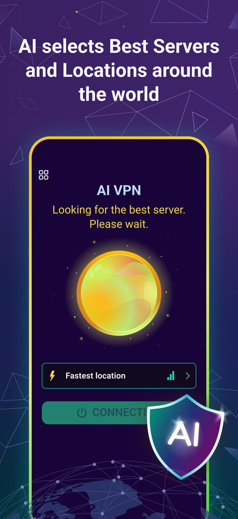 AI VPN app interface looking for the best server location automatically