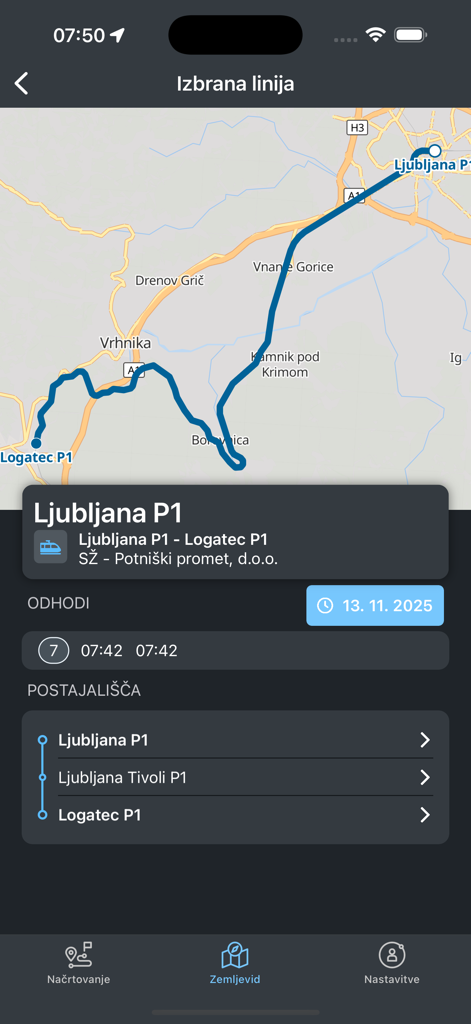 SiMO app interface showing a train route map from Ljubljana to Logatec