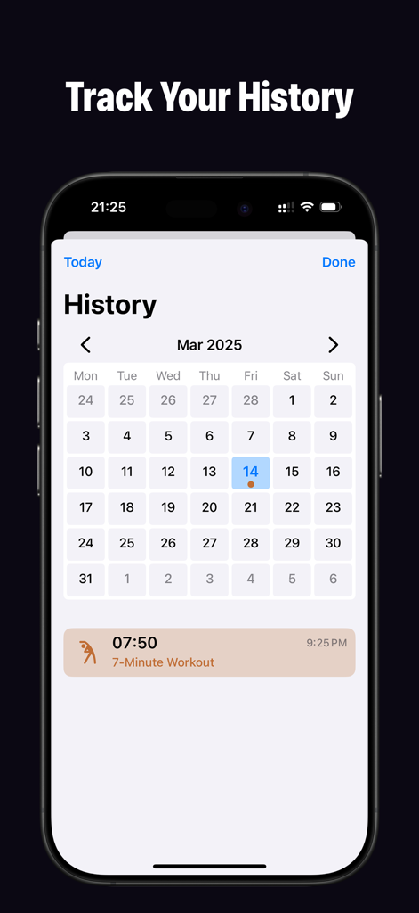 Interval Timer - Tabata HIIT - Screenshot of the Interval Timer Tabata HIIT app showing a workout history calendar with logged exercise sessions.