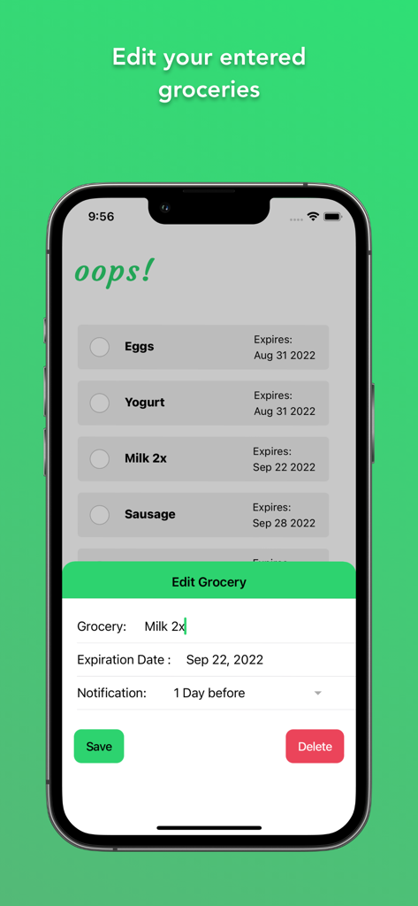 Mobile app interface showing the edit grocery screen for tracking food expiration dates