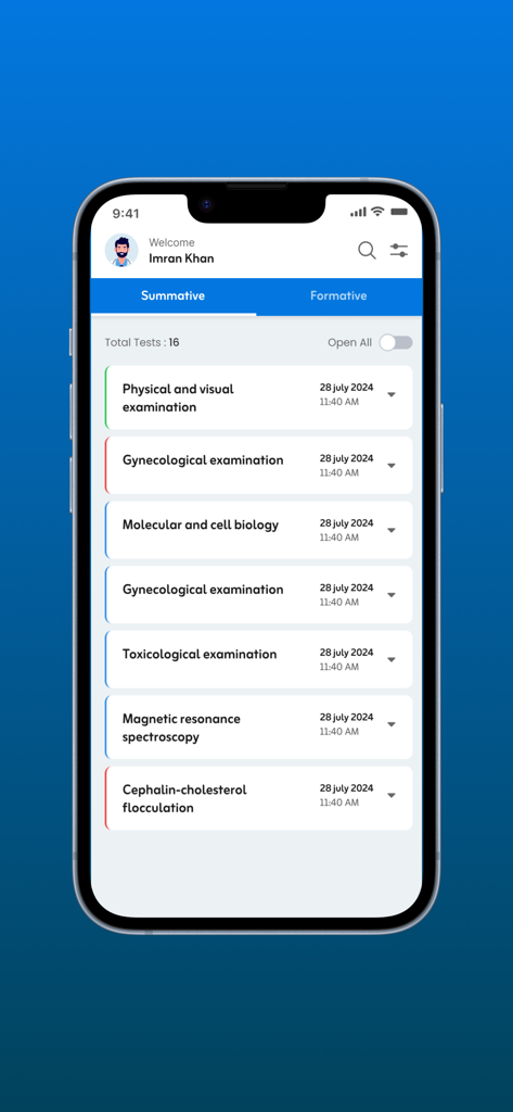 QQ (Quality Questions) - A mobile interface of the QQ app displaying a list of summative examinations including biology and medical tests for a student.