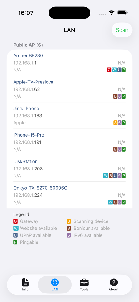 Network Analyzer: net tools - Interface de l'application Network Analyzer affichant une liste des périphériques détectés lors d'une analyse du réseau local