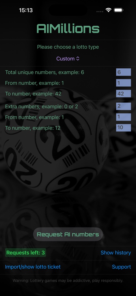 AIMillions - AIMillions app screen showing custom lottery configuration with fields for unique and extra numbers