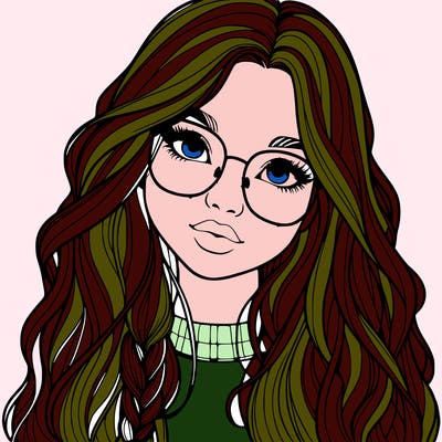 girl with long hair and freckles and glasses realistic