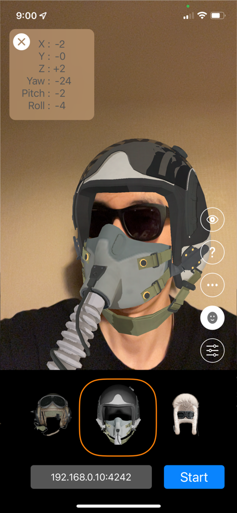 Smart Head Track for OpenTrack - Smart Head Track App-Oberfläche mit AR-Filter für Pilotenhelm und Kopferfolgungsdaten