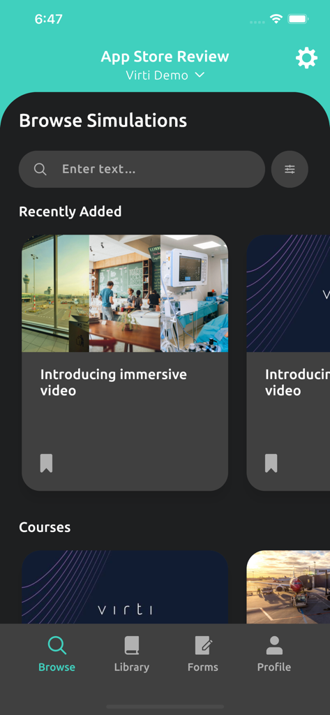 Virti - 最近追加されたコースを表示するVirti没入型トレーニングアプリのシミュレーション閲覧画面。