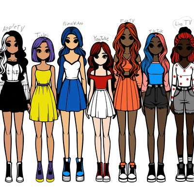 seven realistic girls standing up next to each other