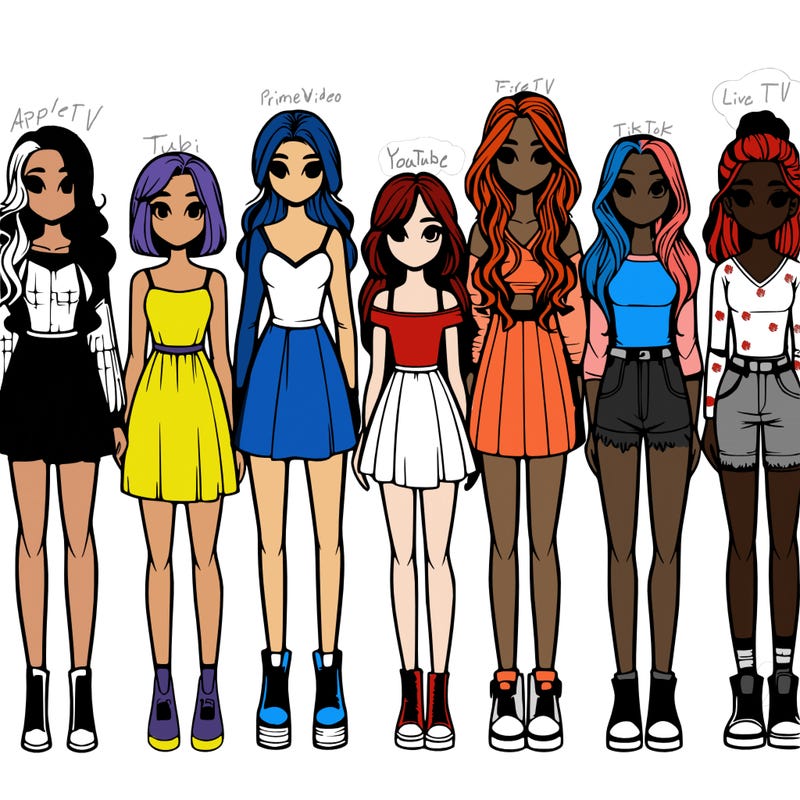 seven realistic girls standing up next to each other