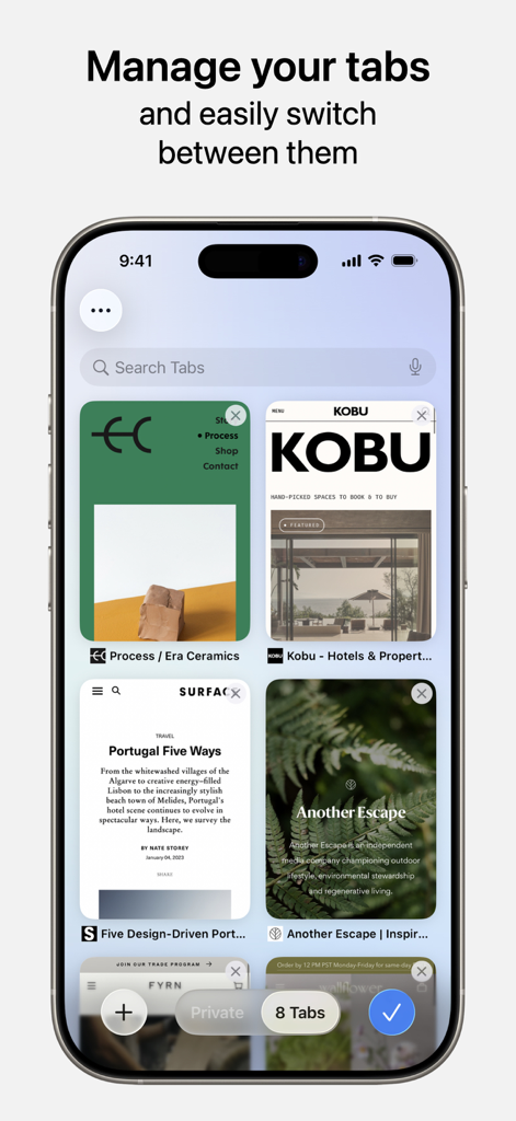 Safari - Navegador móvil Safari mostrando una cuadrícula de pestañas abiertas en un iPhone
