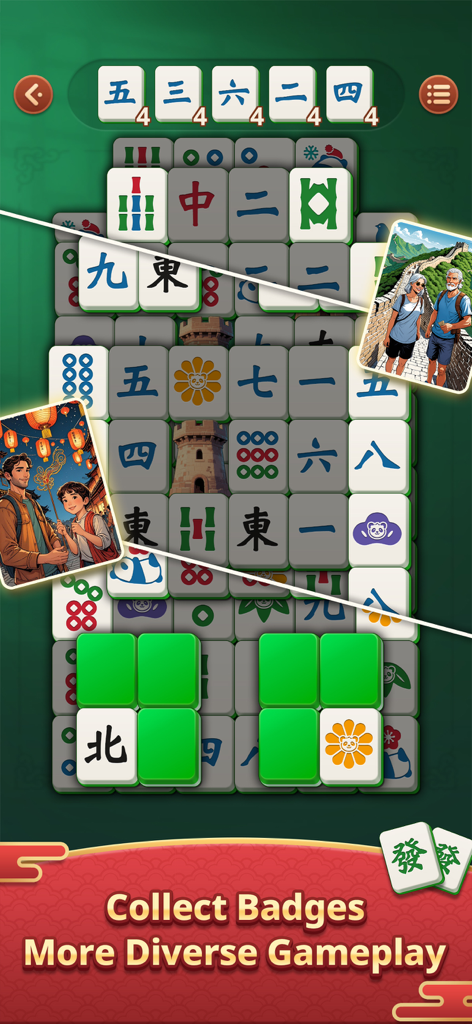 Mahjong Epic gameplay showing traditional tiles and collectible travel badges