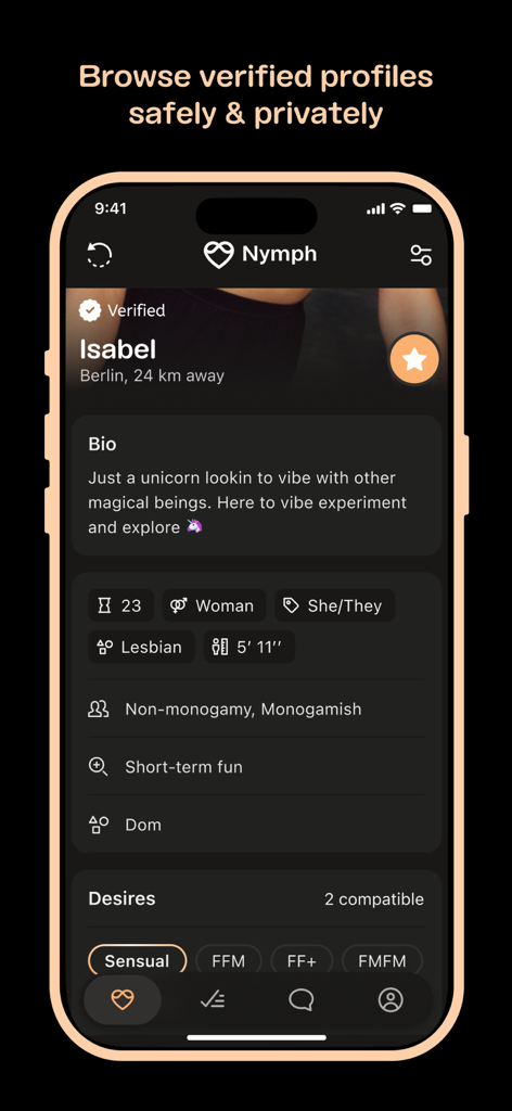 Screenshot of a verified user profile on Nymph open-minded dating app showing identity and relationship tags