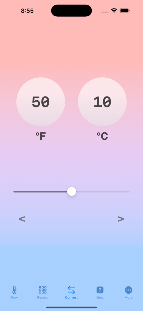 FahrenCelsi - FahrenCelsi app interface showing conversion between 50 degrees Fahrenheit and 10 degrees Celsius