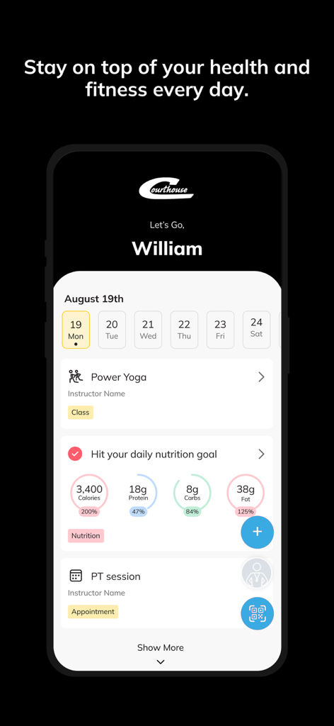 Courthouse Clubs - Courthouse Clubs app dashboard displaying a daily fitness schedule, nutrition goal tracking, and training appointments