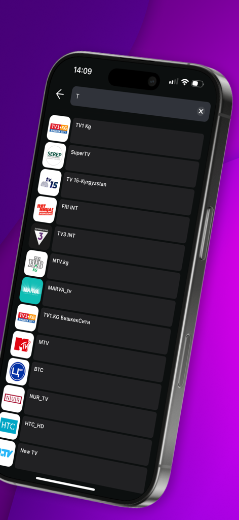 Көrүү TV: Kyrgyzstan OTT IPTV - Interface do aplicativo Keryy TV mostrando uma lista pesquisável de canais de TV do Quirguistão disponíveis.