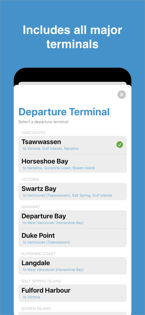 Departure terminal selection screen in the BC Ferry Times app listing major ports like Tsawwassen and Swartz Bay