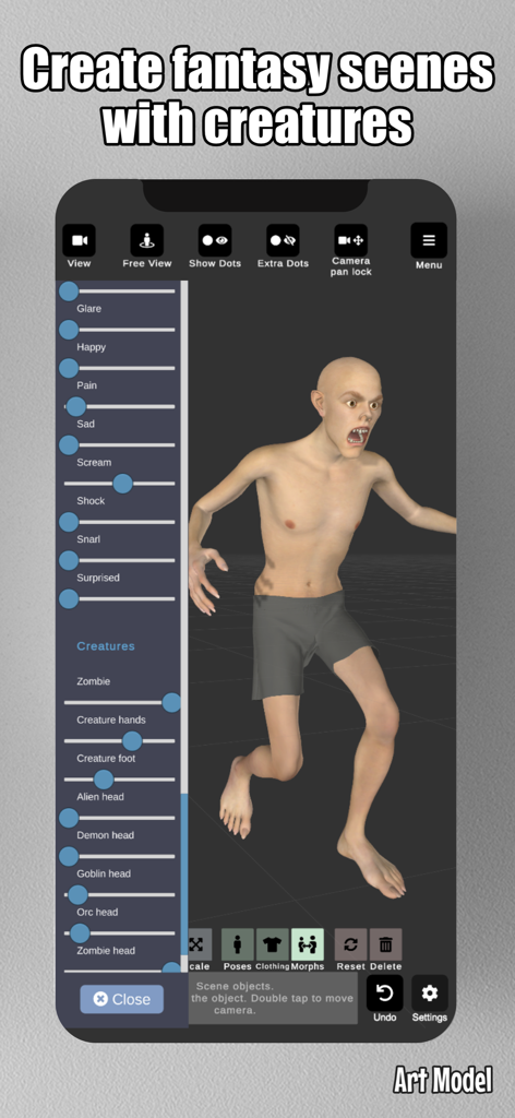 Art Model - Pose & morph tool - Interface of Art Model app showing a 3D creature and sliders to customize facial expressions and creature types for fantasy art reference