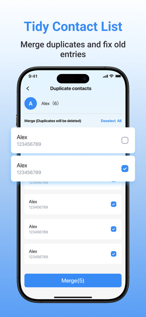 SmartClean AI：Auto Cleanup - SmartClean AI app screen showing the feature to merge duplicate contacts and tidy up the address book