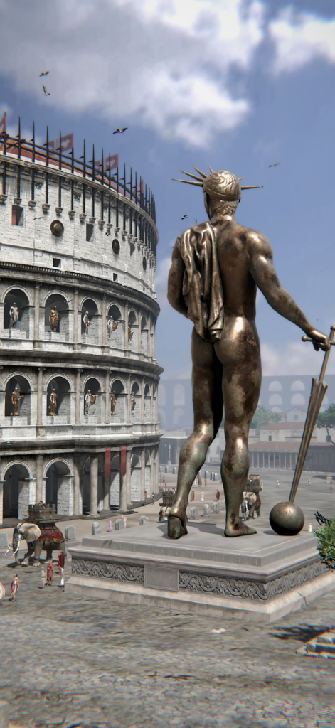 Ricostruzione XR dell'antico Colosseo romano con una grande statua di bronzo in primo piano