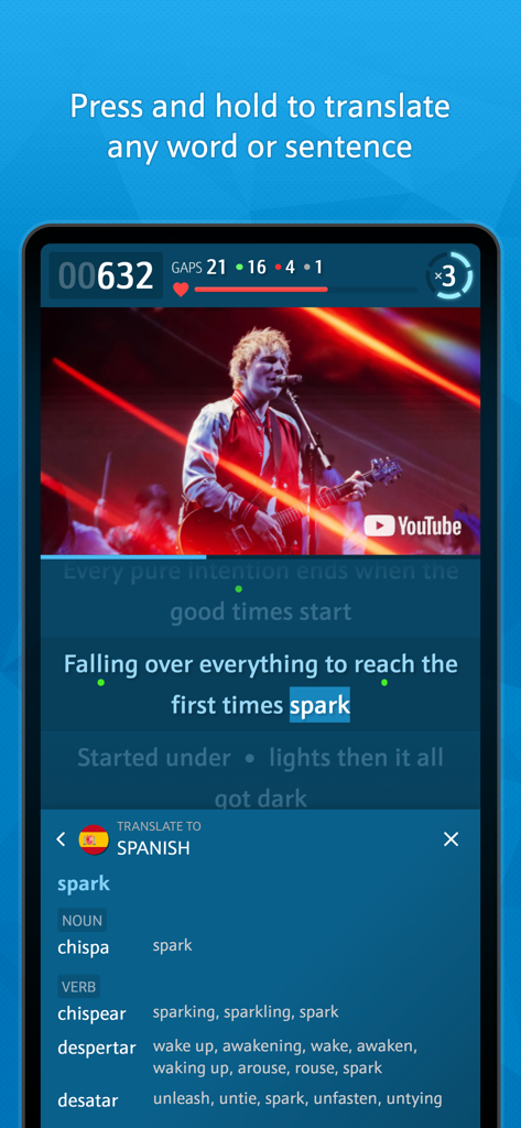 LingoClip - Una captura de pantalla de la aplicación LingoClip que muestra un video musical con letras y una ventana de traducción al español para una palabra específica.