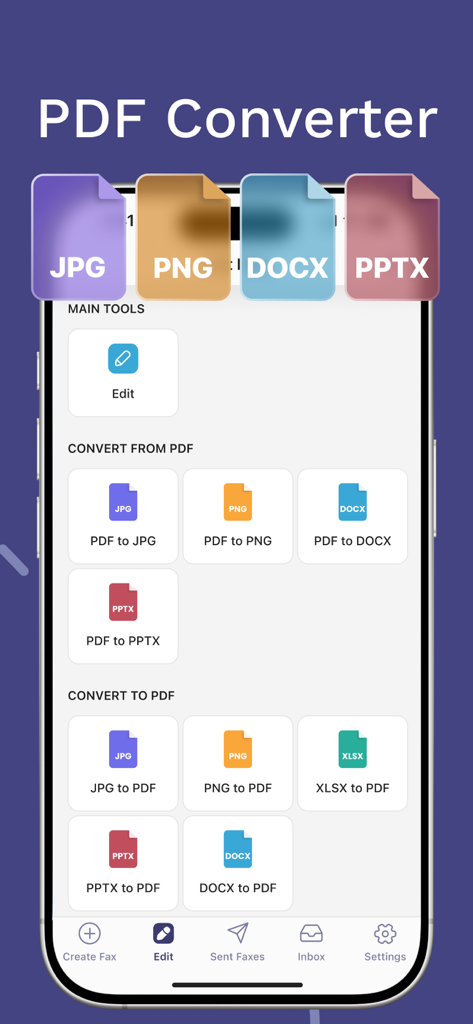 Interface showing various PDF conversion options within the FAX from iPhone mobile application