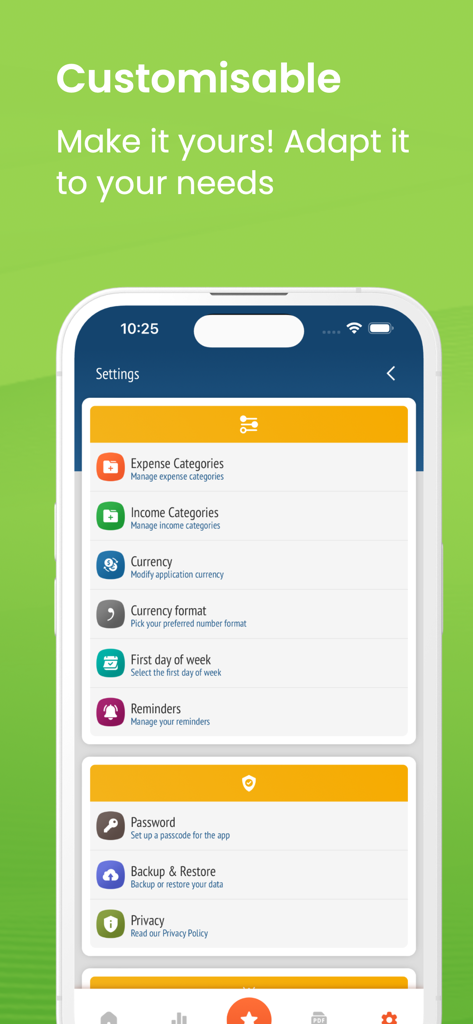 Spending Tracker and Manager - Settings screen of the Spending Tracker and Manager app showing categories and security options