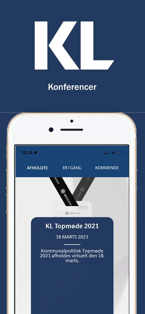 KL konferencer - Mobile screen of the KL konferencer app showing upcoming municipal conferences and event details