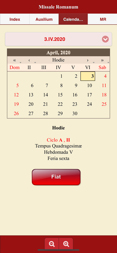 Perpetual liturgical calendar interface in the Missale Romanum app showing April 2020 and liturgical cycle details.